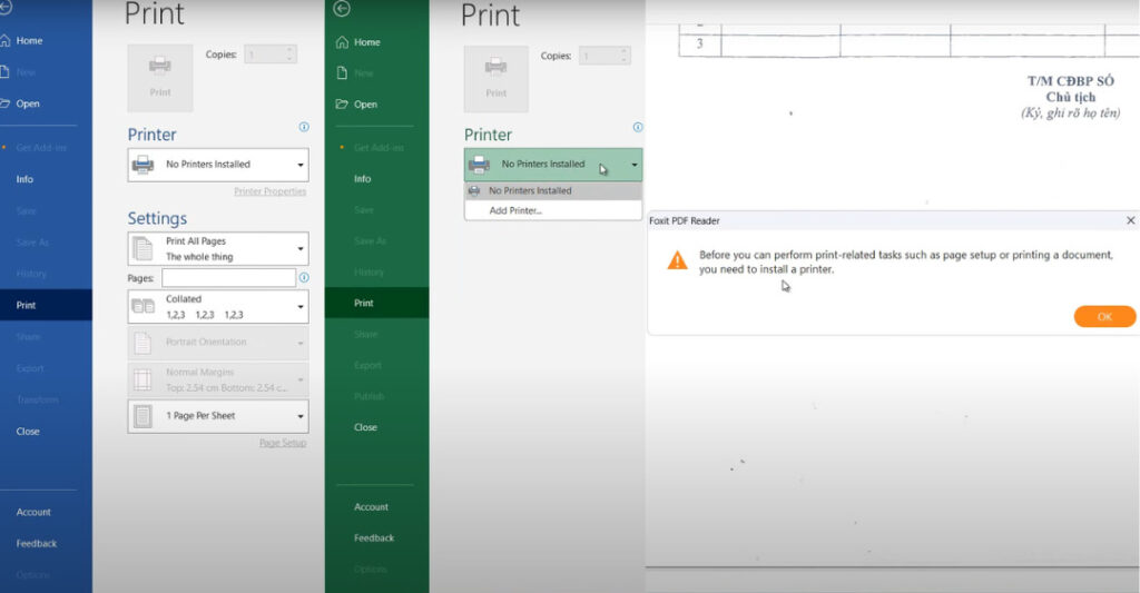 dấu hiệu nhận biết lỗi máy in no printers installed