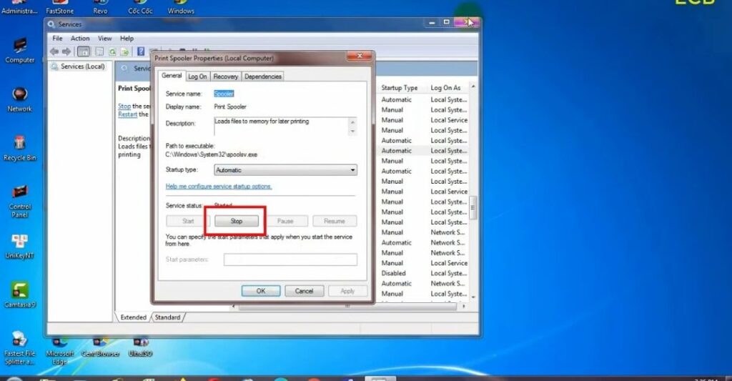 Trong danh sách hiện ra, tìm đến dòng Print Spooler