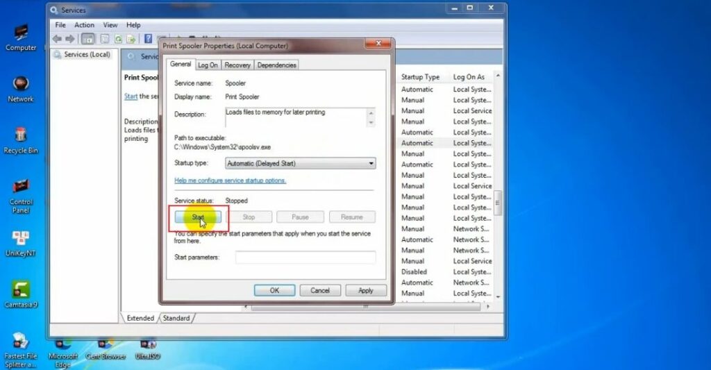 Nhấp chuột phải vào Print Spooler và chọn Start