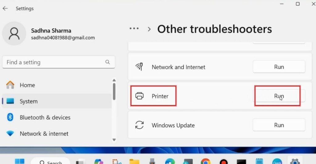 Nhấp vào Printer và chọn Run