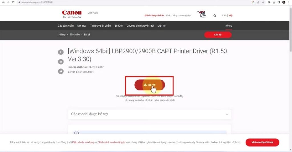 Tải driver chính thức từ website Canon