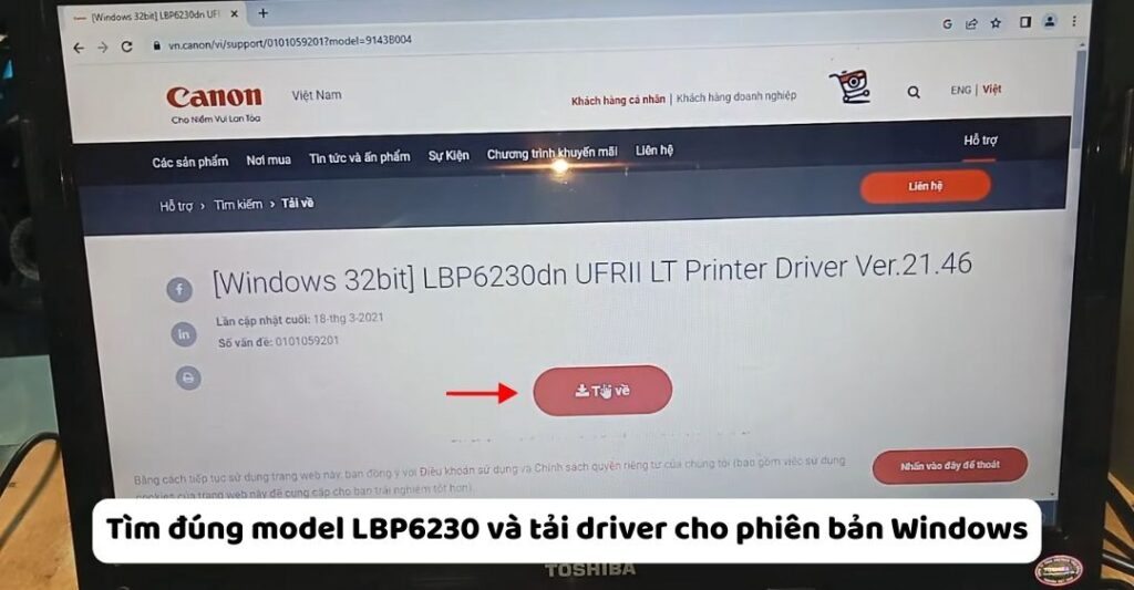 Tìm đúng model LBP6230 và tải driver cho phiên bản Windows
