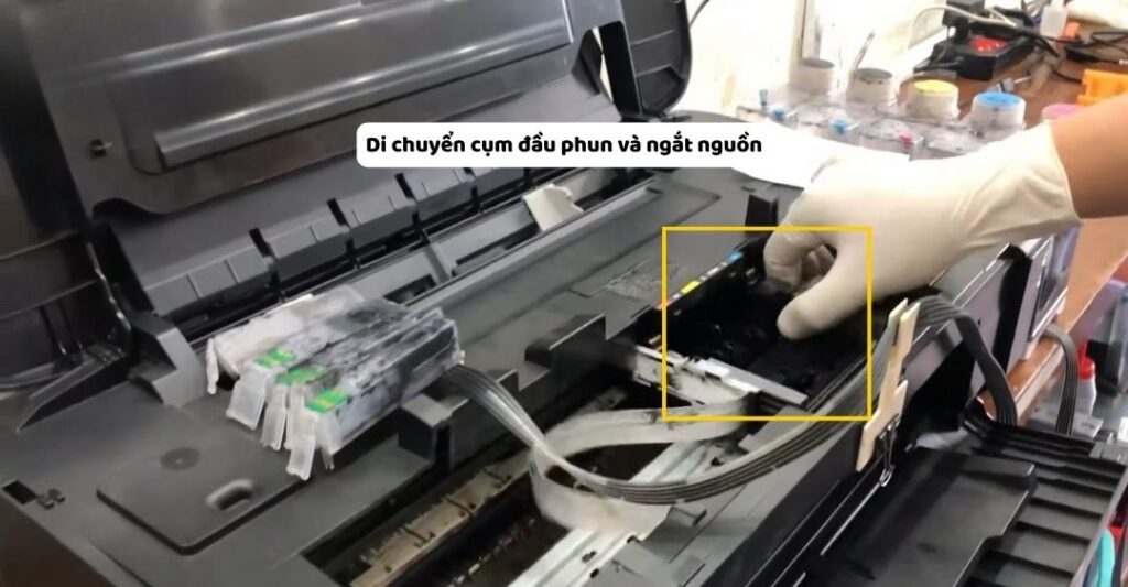 Di chuyển cụm đầu phun và ngắt nguồn