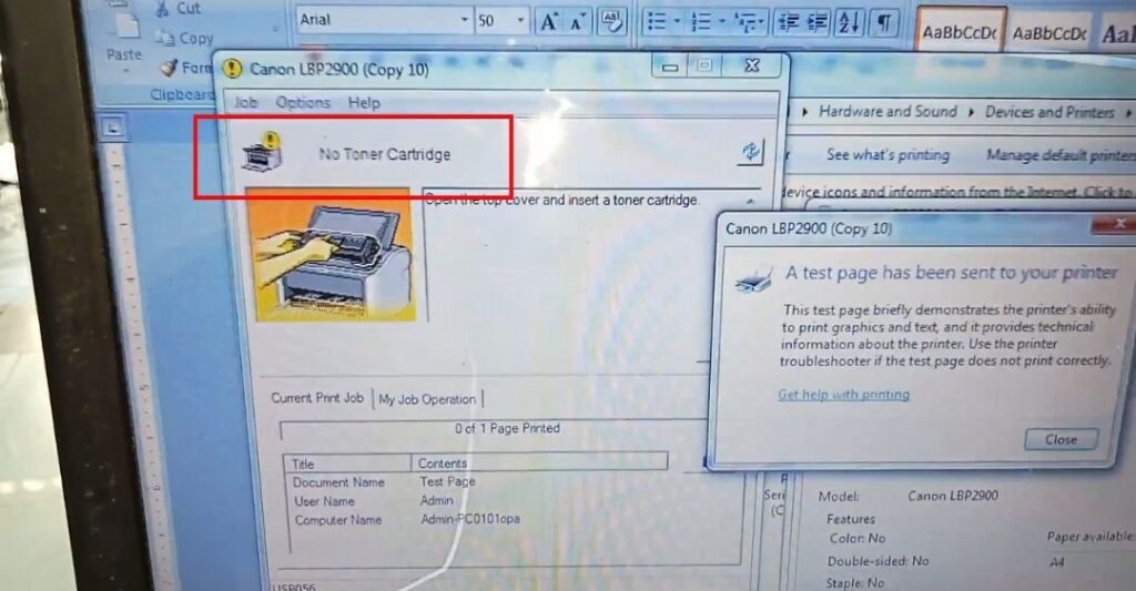 Lỗi No Toner Ink xuất hiện trên màn hình máy tính