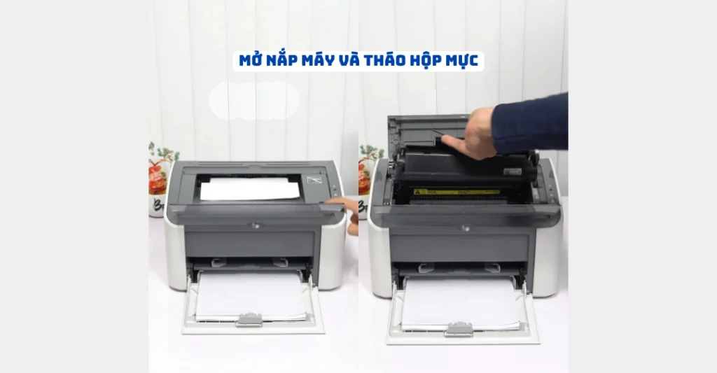 Mở nắp máy và tháo hộp mực