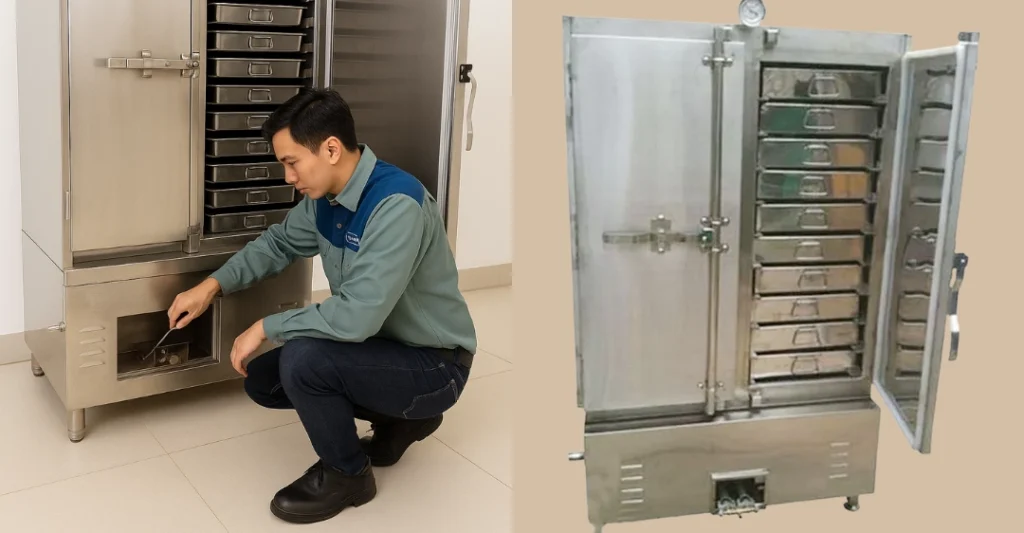 Sửa tủ nấu cơm công nghiệp dạng 24 Khay tại Sửa Điện Tử Limosa