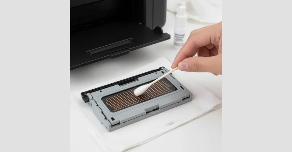 Dùng tăm bông thấm ít cồn lau sạch các điểm tiếp xúc bằng đồng phía sau đầu phun