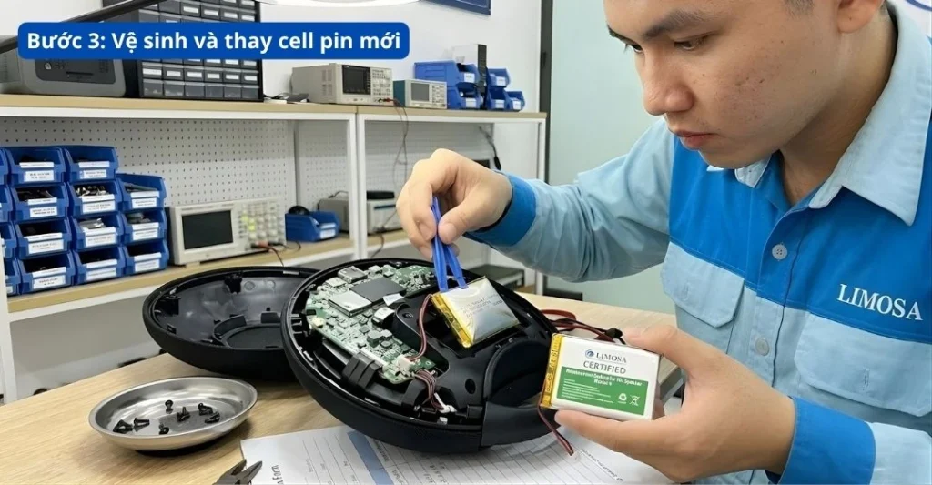 Vệ sinh bên trong loa và thay cell pin mới