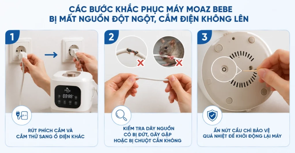 Máy Moaz Bebe bị mất nguồn đột ngột, cắm điện không lên