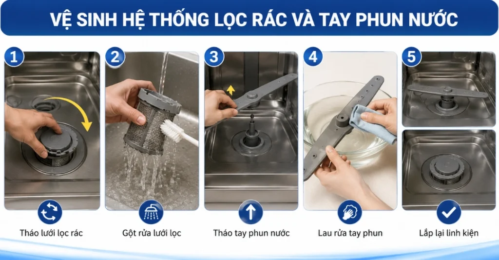 Vệ sinh hệ thống lọc rác và tay phun nước