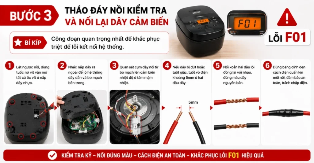 Tháo đáy nồi kiểm tra và nối lại dây cảm biến