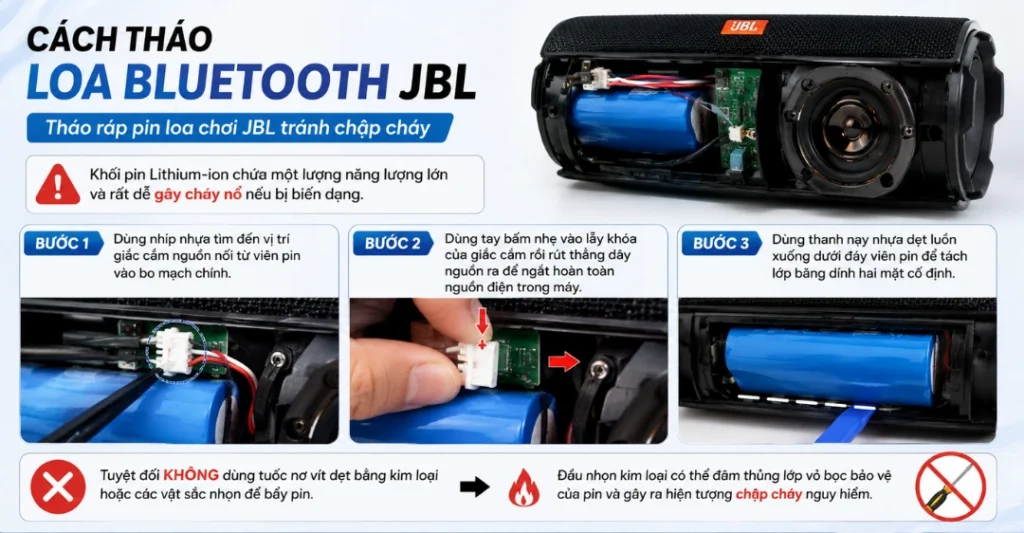 Tháo ráp pin loa chơi JBL tránh chập cháy