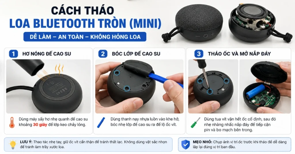Cách tháo loa bluetooth tròn (Mini)