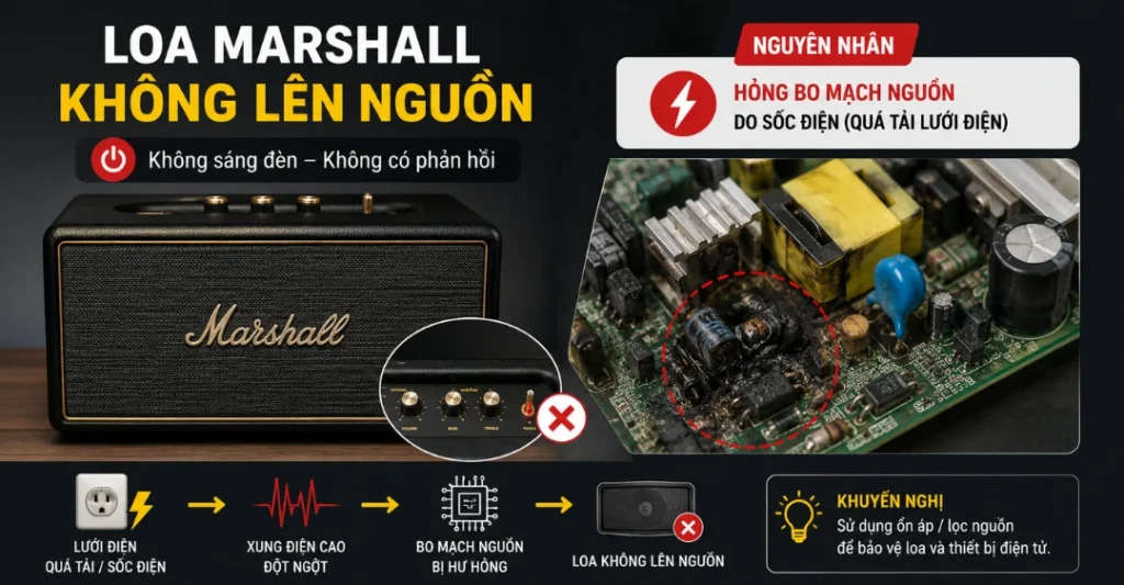 Loa Marshall bị hỏng bo mạch nguồn do sốc điện (Quá tải lưới điện)
