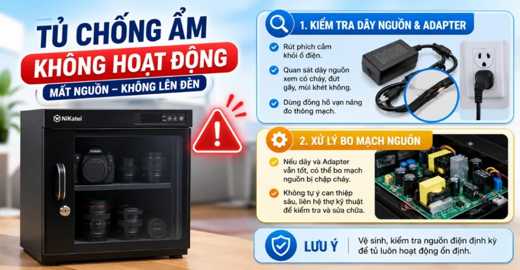 Tủ chống ẩm bị mất nguồn, không lên đèn hiển thị