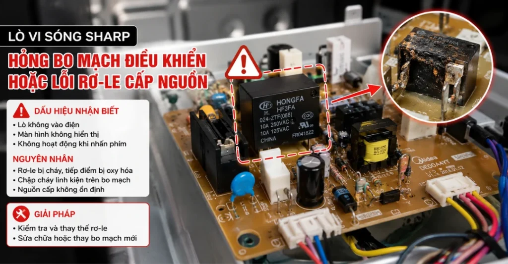 Hỏng bo mạch điều khiển hoặc lỗi Rơ-le (Relay) cấp nguồn