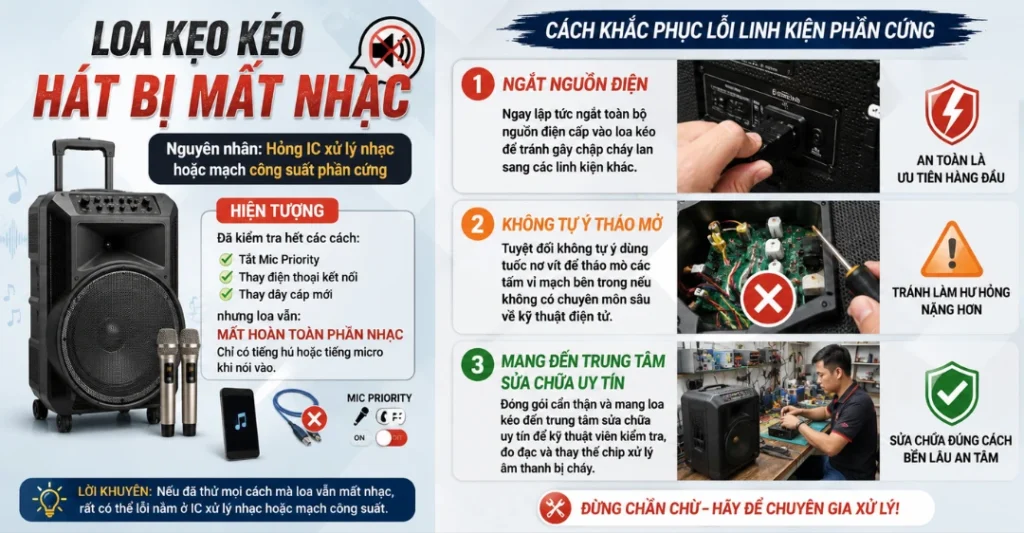 Hỏng IC xử lý nhạc hoặc mạch công suất phần cứng