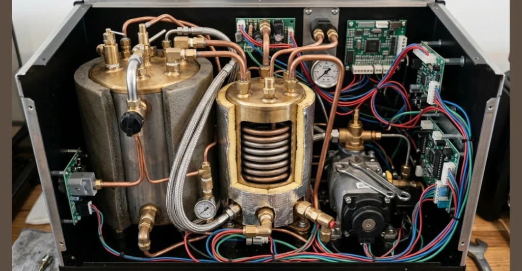 Hệ thống nồi hơi Heat Exchanger (HX) bên trong máy pha cà phê Espresso