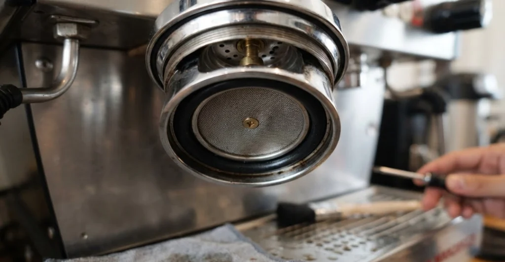 Đầu pha (grouphead) máy pha Espresso với gioăng cao su và lưới phân phối nước