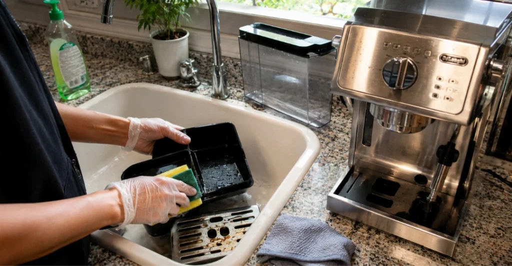 Tháo rời các bộ phận khay hứng nước và bình chứa nước để vệ sinh