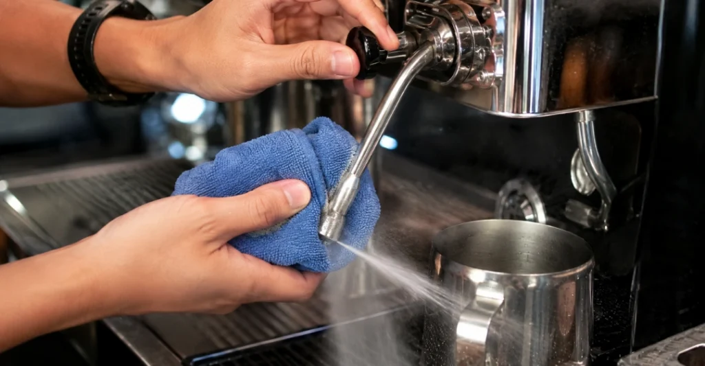 Xả hơi và lau sạch vòi đánh sữa máy pha cà phê sau khi sử dụng