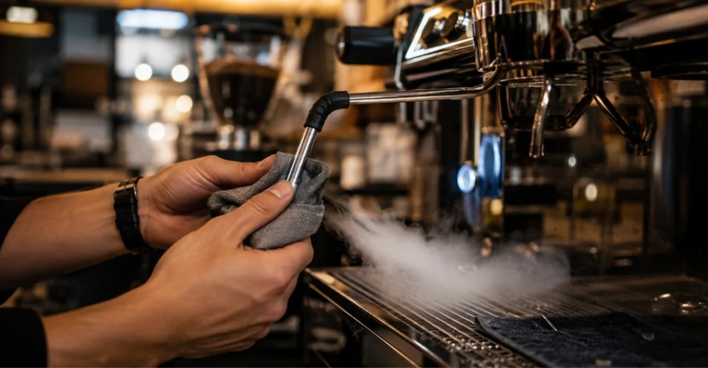 Barista đang lau chùi và xả hơi nước vòi đánh sữa máy pha cà phê
