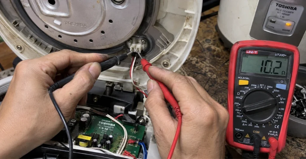 Dùng đồng hồ vạn năng đo kiểm tra điện trở cảm biến nhiệt nắp nồi cơm Toshiba
