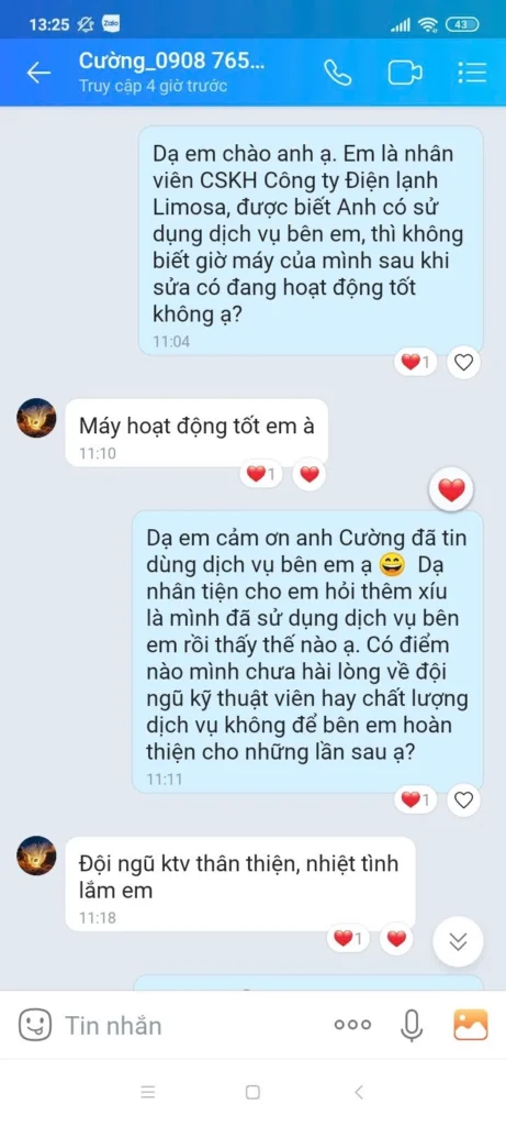 Phản hồi của khách hàng về dịch vụ tại Sửa Điện Tử Limosa: anh Cường