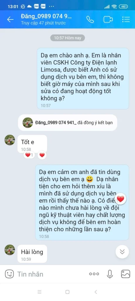 Phản hồi của khách hàng về dịch vụ tại Sửa Điện Tử Limosa: anh Đăng