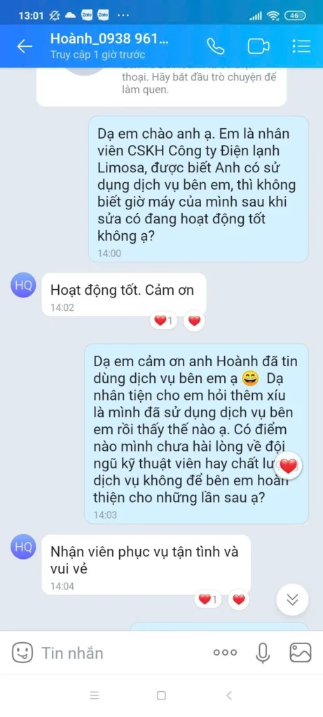 Phản hồi của khách hàng về dịch vụ tại Sửa Điện Tử Limosa: anh Hoành