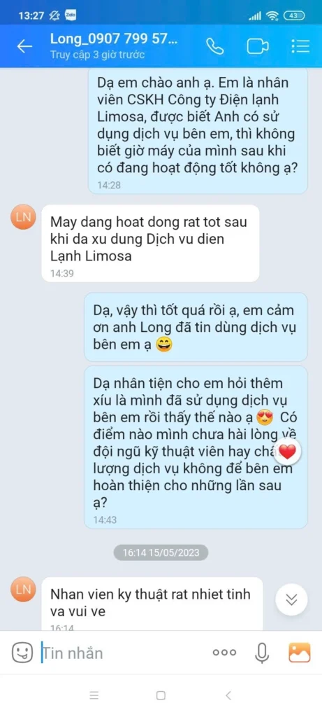 Phản hồi của khách hàng về dịch vụ tại Sửa Điện Tử Limosa: anh Long