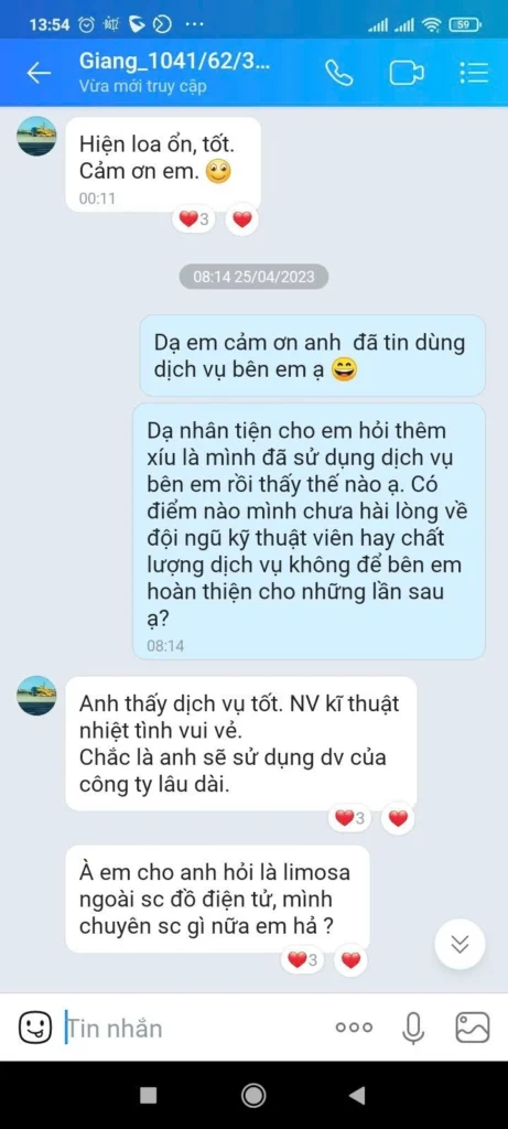 Phản hồi của khách hàng về dịch vụ tại Sửa Điện Tử Limosa: anh Giang