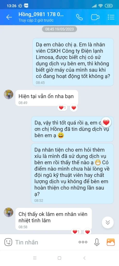 Phản hồi của khách hàng về dịch vụ tại Sửa Điện Tử Limosa: chị Hồng