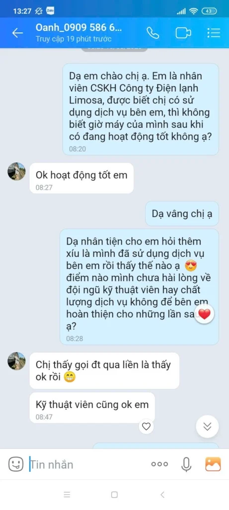 Phản hồi của khách hàng về dịch vụ tại Sửa Điện Tử Limosa: Chị Oanh