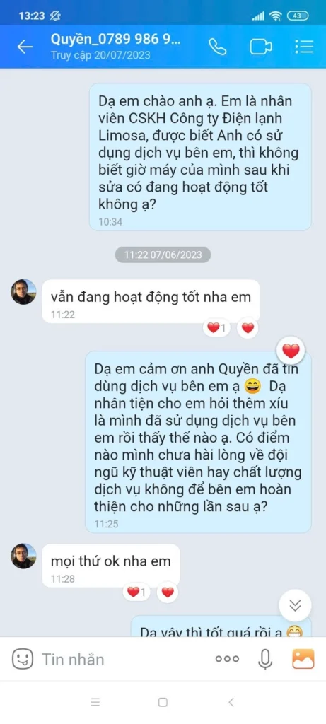 Phản hồi của khách hàng về dịch vụ tại Sửa Điện Tử Limosa: anh Quyền
