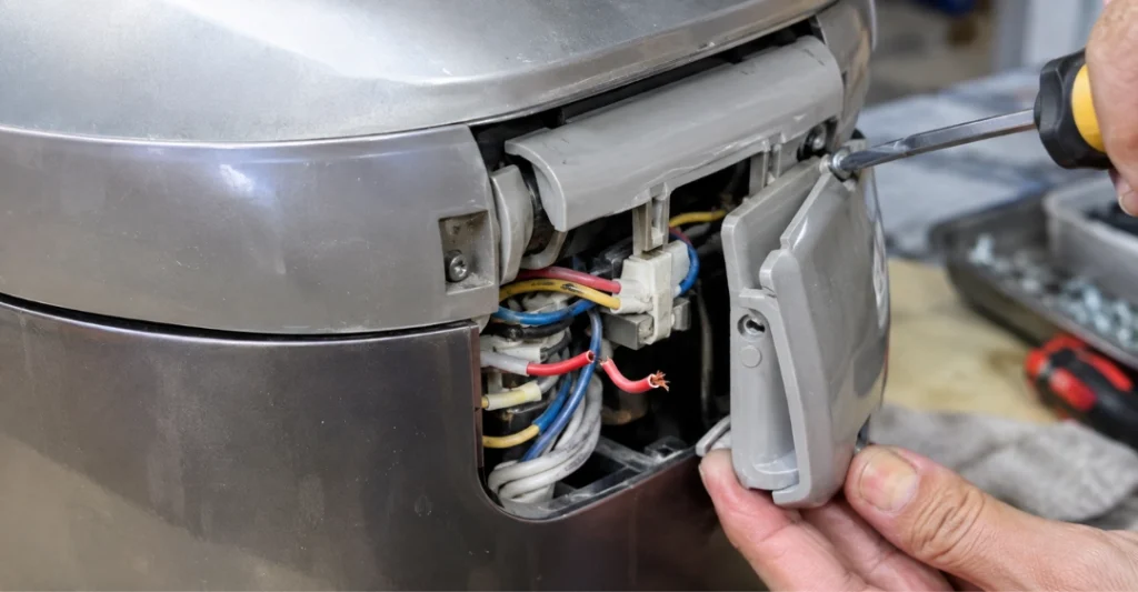 Tháo ốp bản lề sau nồi cơm Sanyo lộ dây điện bị đứt gây lỗi E81