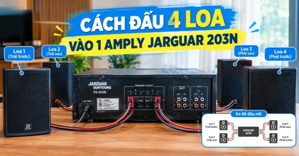 cách đấu 4 loa vào 1 amply Jarguar 203N