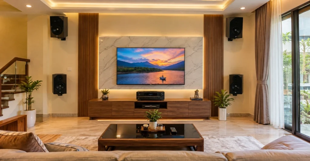 Bố trí 4 loa treo tường phủ đều âm thanh trong phòng khách gia đình